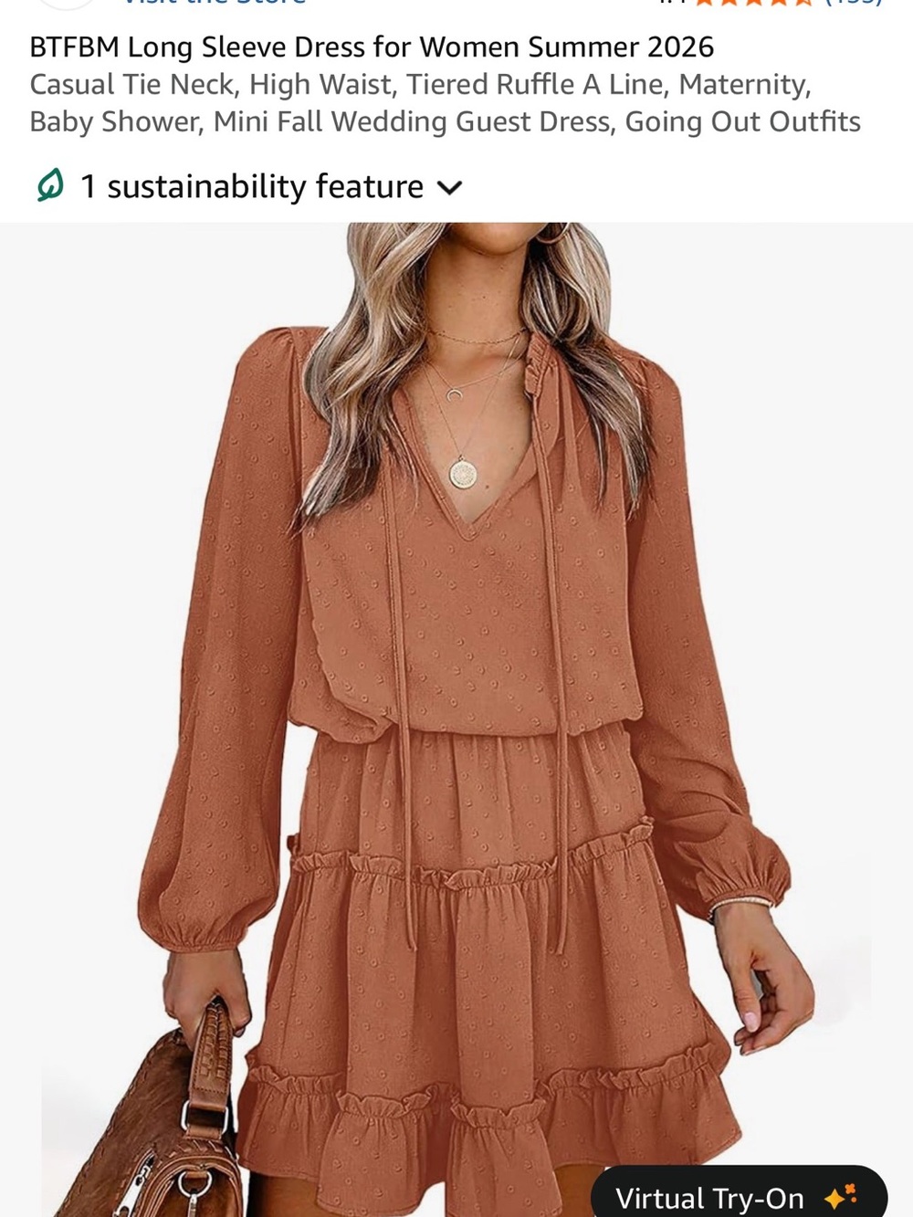 Swiss Dot Tiered Long-Sleeve Dress in Terracotta
